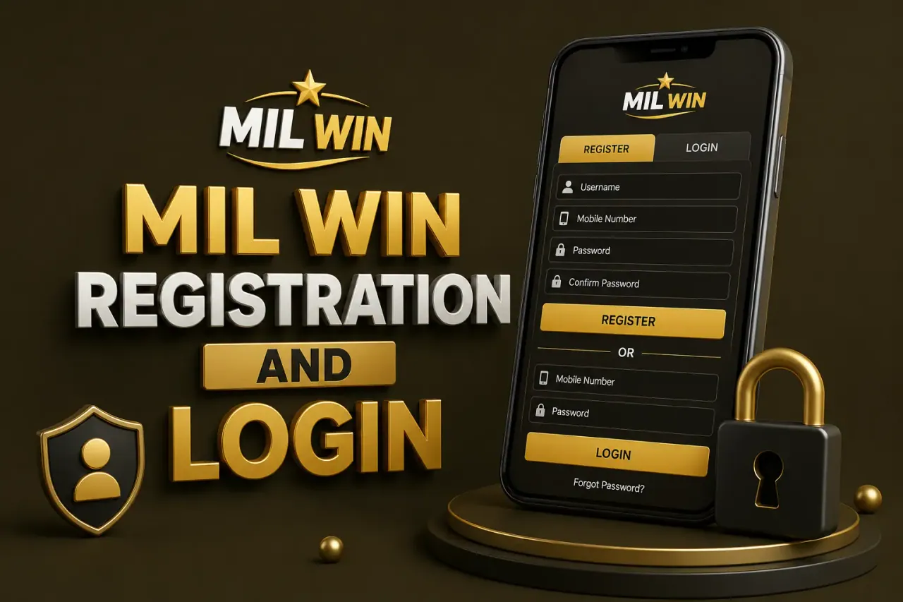 Phone showing a registration and login form beside a padlock and a profile icon