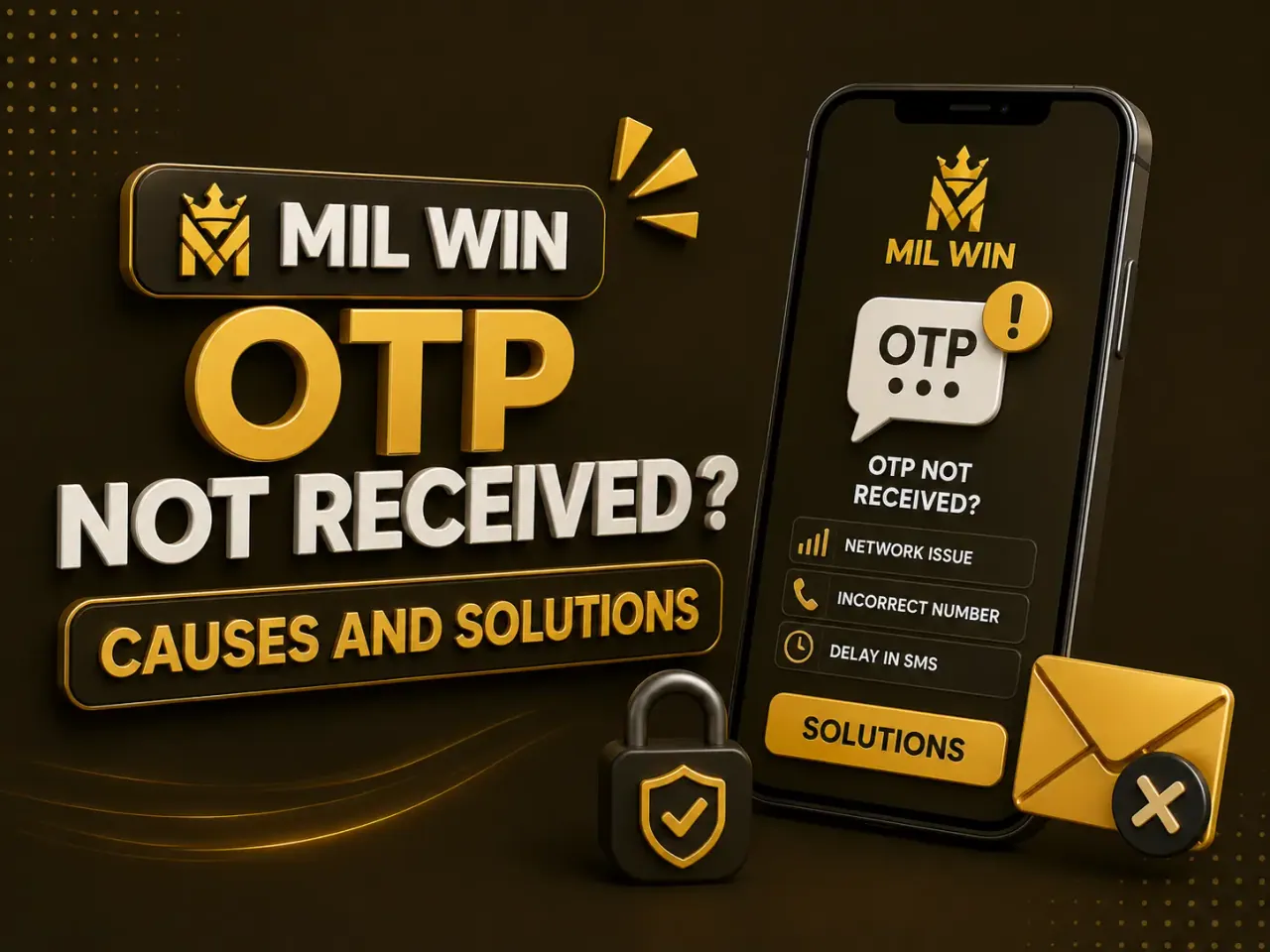 Phone showing an OTP not received message beside an envelope and a list of possible causes