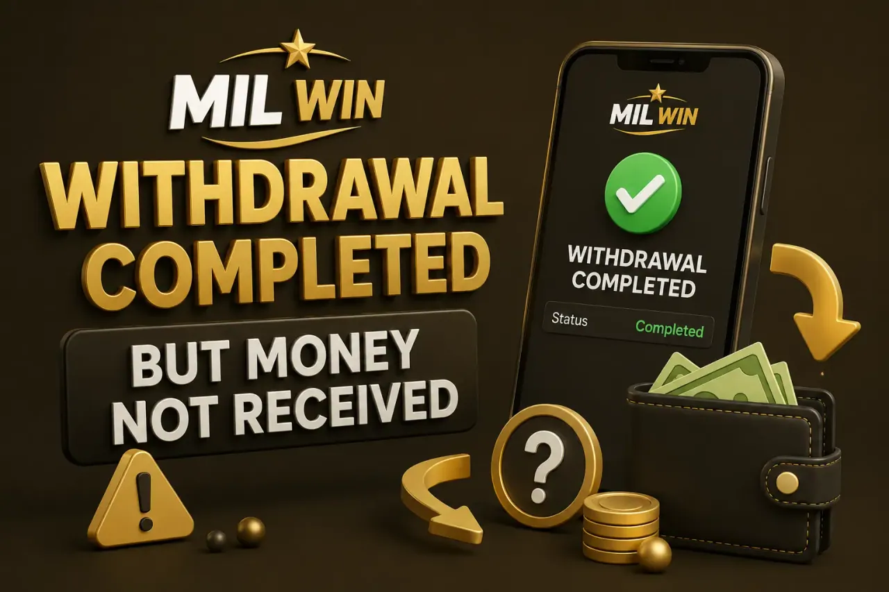 Withdrawal completed, money not received Phone showing a completed withdrawal beside a question mark and a money not received warning