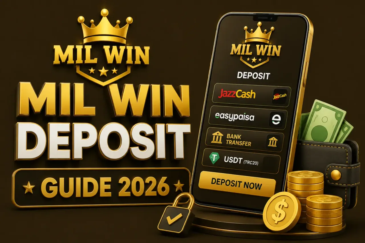 Adding funds Phone showing the Mil Win deposit screen with payment options, a wallet and stacked gold coins