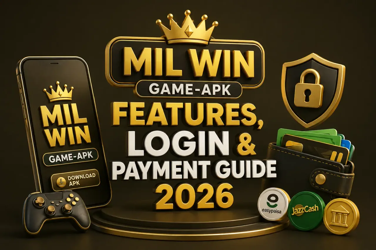 Mil Win game app on a phone beside a crown, a wallet, a security shield and local payment icons
