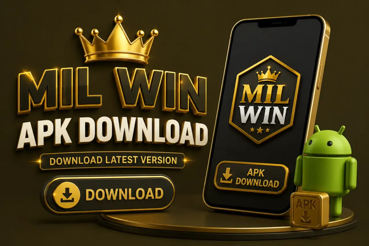 Phone showing the Mil Win app download screen beside Android robot figures and a download button