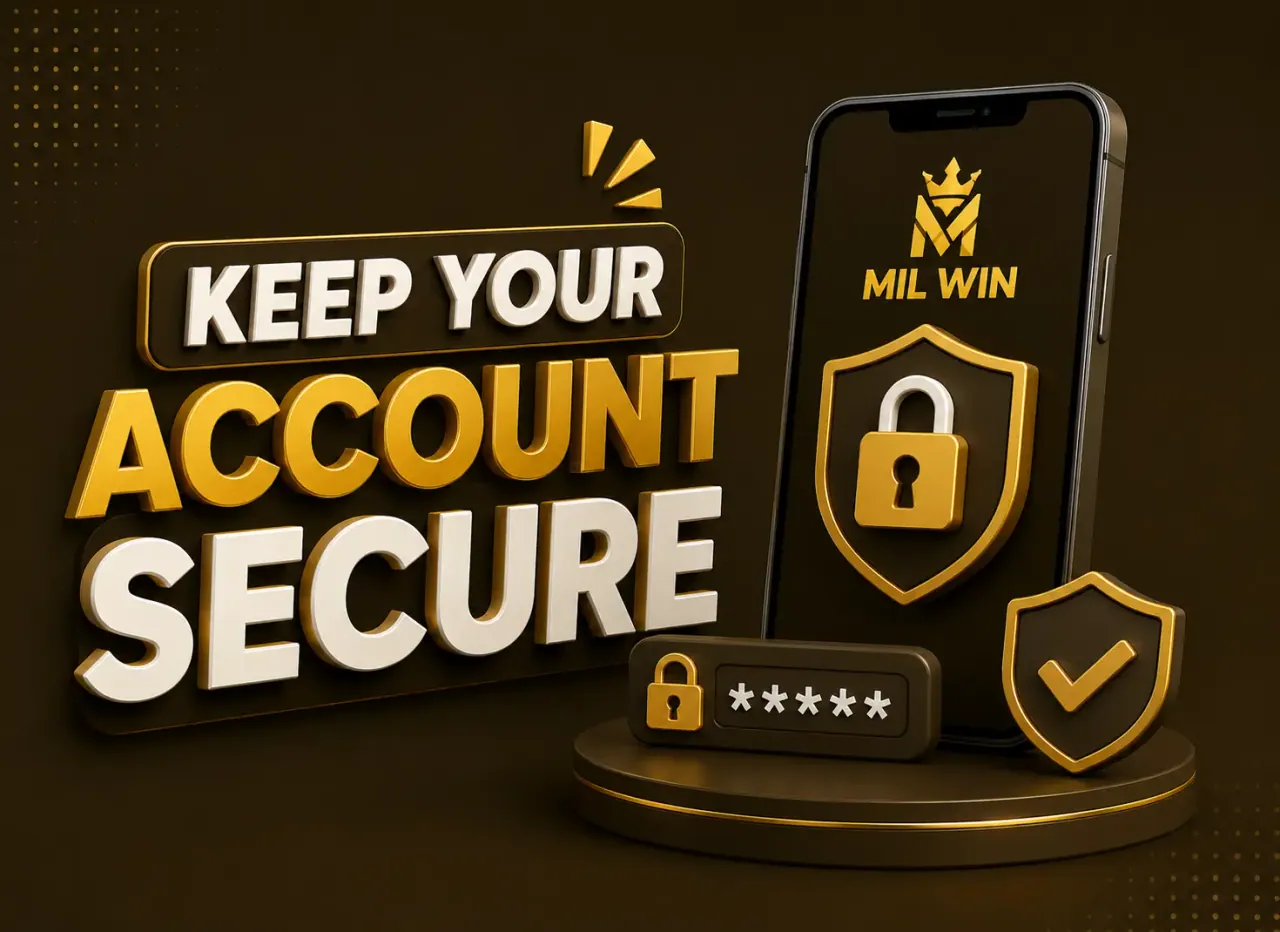 Keeping an account secure Phone with the Mil Win logo beside a security shield and a verification tick