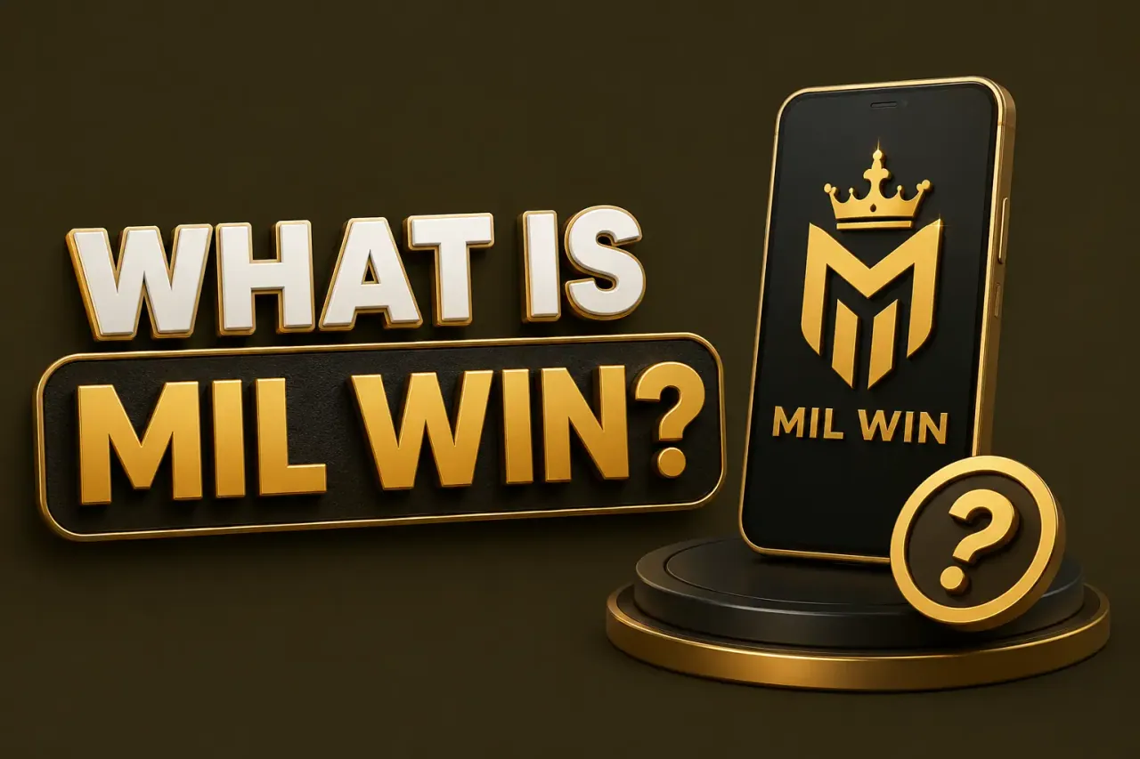 Mil Win logo on a phone standing on a podium beside a large question mark