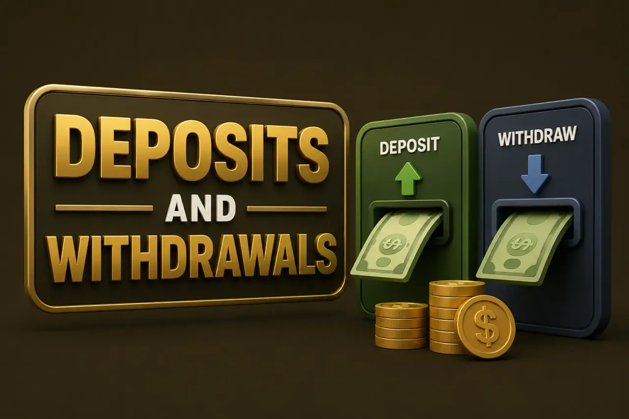 Deposit and withdraw panels shown side by side with banknotes and stacked gold coins