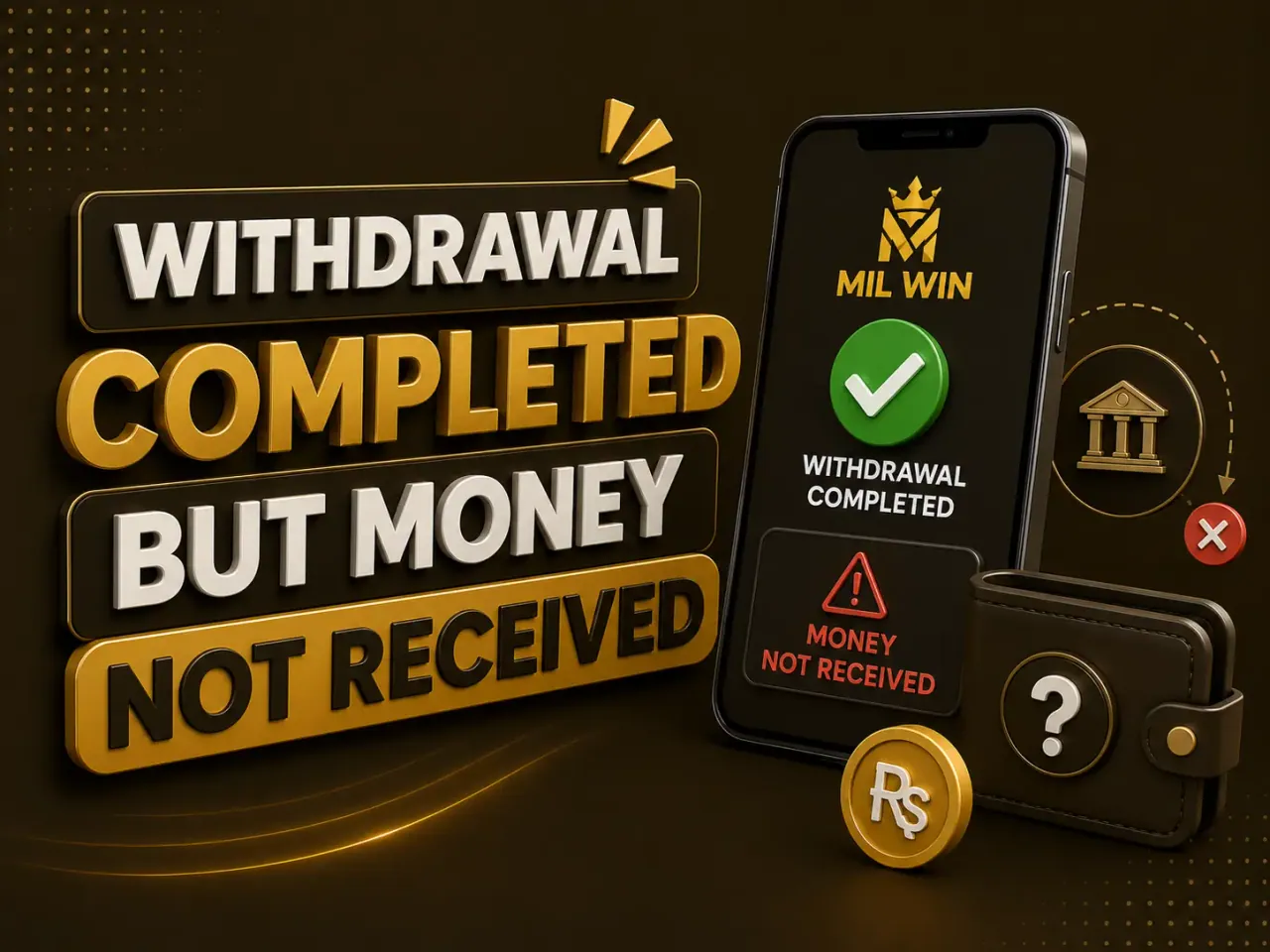 Completed but not received Withdrawal completed confirmation shown beside a money not received warning and a bank icon
